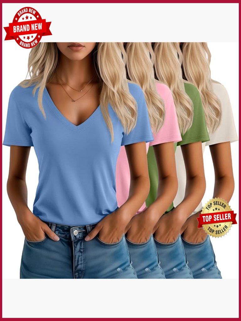 4 Pack V Neck Short Sleeve T-Shirts Loose Fit Casual Basic Tees